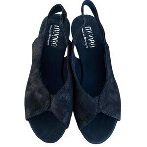 NEW Munro WIDE Rochelle Glitter Metallic Black Suede Slingback Peep Toe Shoes